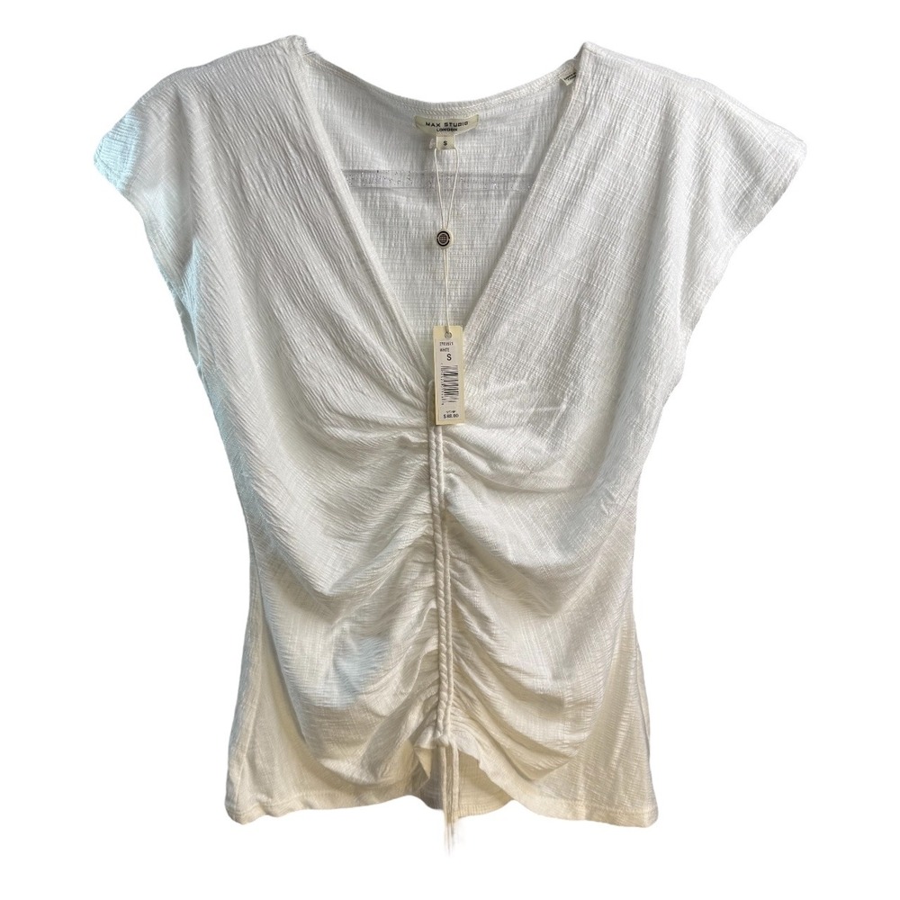 Max Studio‎ London White V-Neck Top Ruched Drawstring Short Sleeve Size S